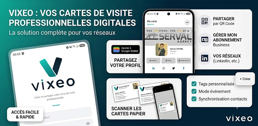 VIXEO, la carte de visite digitale conçue par SERVAL : visuel promotionnel avec mockups mobiles