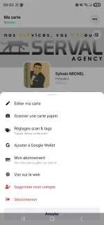 Menu de gestion de la carte de visite digitale dans l'application VIXEO